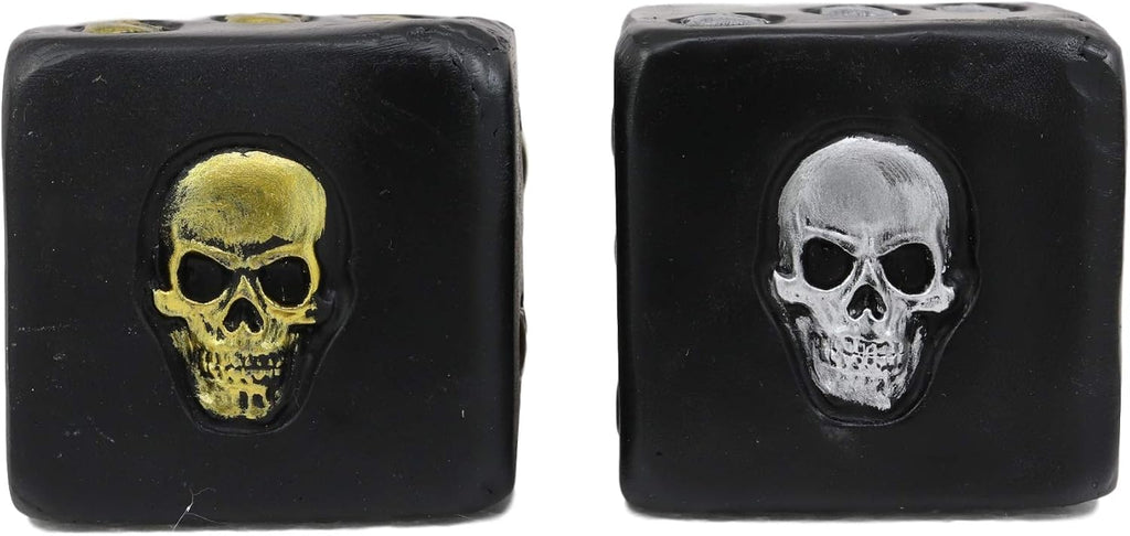Oversized Large Decorative 2.25"High Cube Silver And Gold Skull Face Gaming Dice Set of 2 In Matte Black Finish As Ossuary Macabre Spooky Halloween Decor Sculpture Of Graveyard Skulls Skeletons
