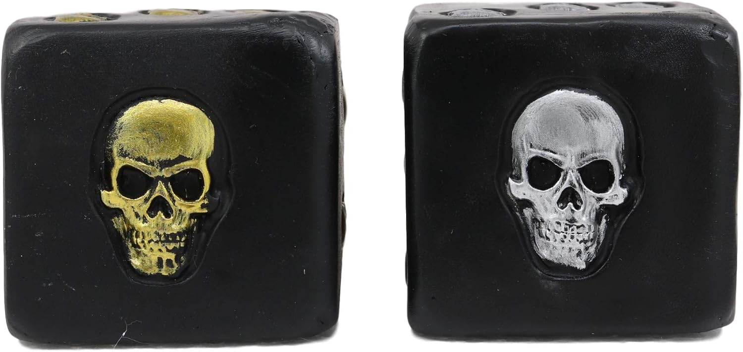 Oversized Large Decorative 2.25"High Cube Silver And Gold Skull Face Gaming Dice Set of 2 In Matte Black Finish As Ossuary Macabre Spooky Halloween Decor Sculpture Of Graveyard Skulls Skeletons