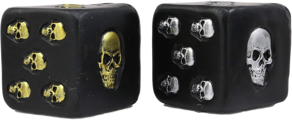 Oversized Large Decorative 2.25"High Cube Silver And Gold Skull Face Gaming Dice Set of 2 In Matte Black Finish As Ossuary Macabre Spooky Halloween Decor Sculpture Of Graveyard Skulls Skeletons