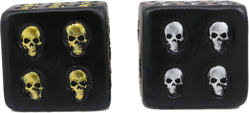 Oversized Large Decorative 2.25"High Cube Silver And Gold Skull Face Gaming Dice Set of 2 In Matte Black Finish As Ossuary Macabre Spooky Halloween Decor Sculpture Of Graveyard Skulls Skeletons