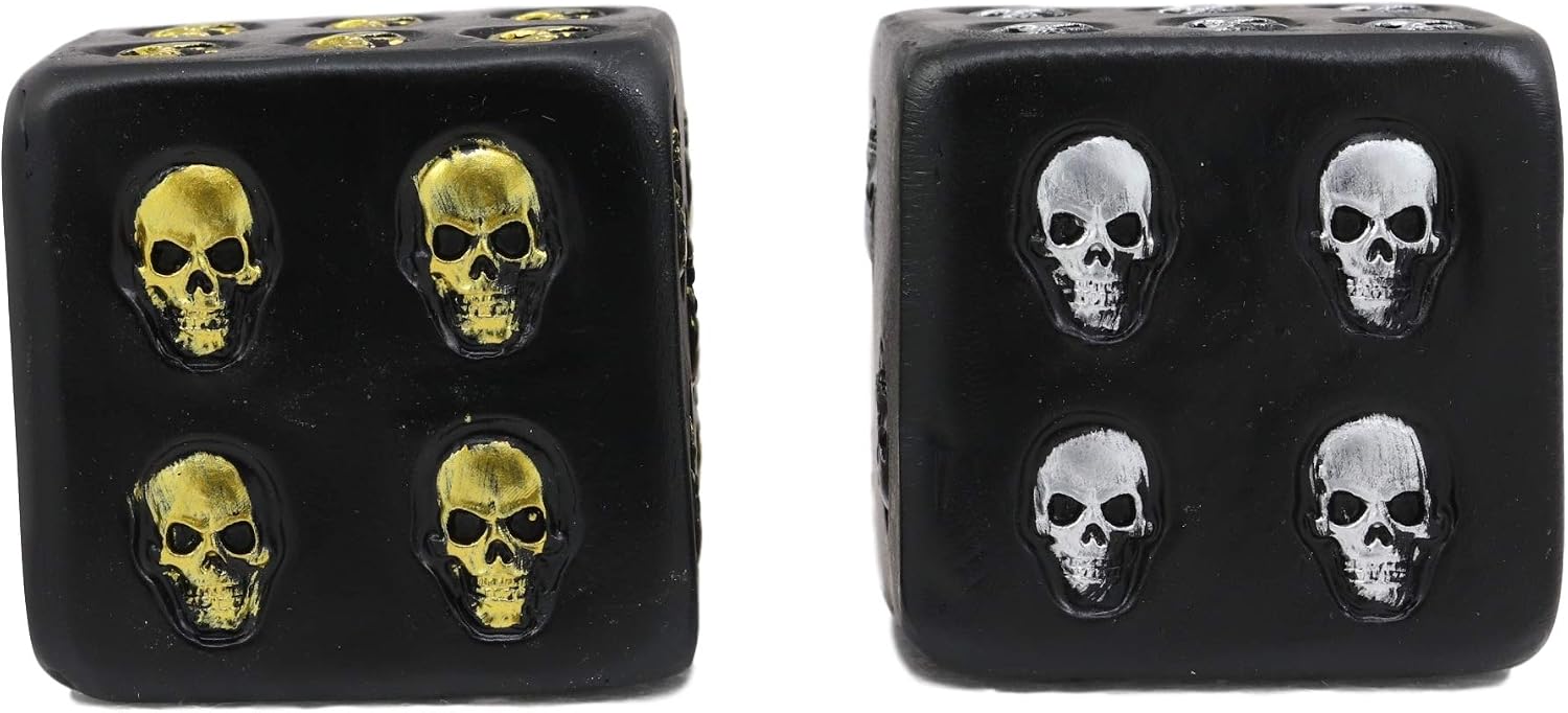 Oversized Large Decorative 2.25"High Cube Silver And Gold Skull Face Gaming Dice Set of 2 In Matte Black Finish As Ossuary Macabre Spooky Halloween Decor Sculpture Of Graveyard Skulls Skeletons
