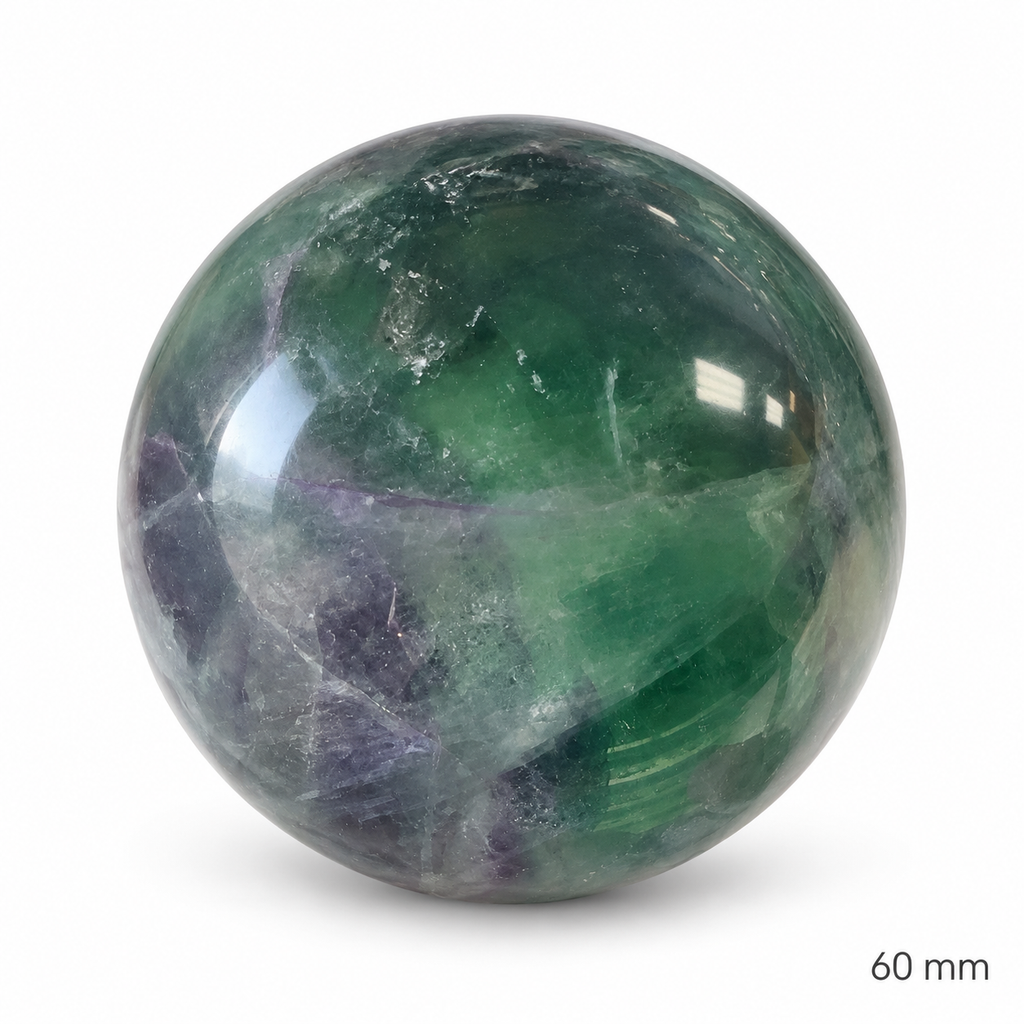 60 mm green and purple fluorite sphere, angle 2