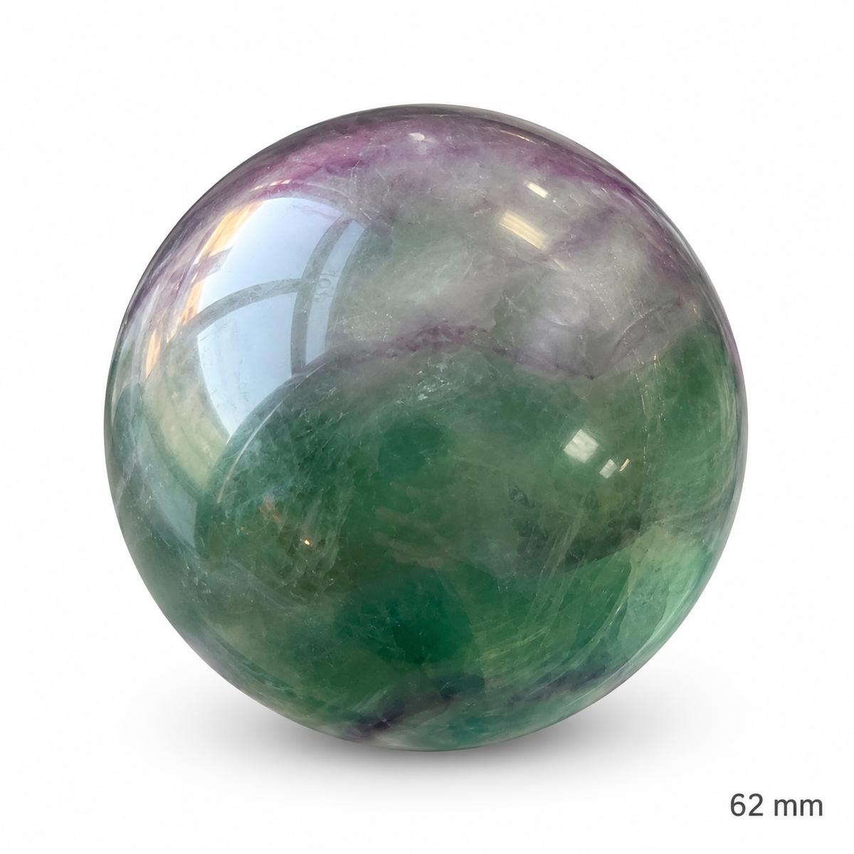 62 mm green and purple fluorite sphere, angle 1