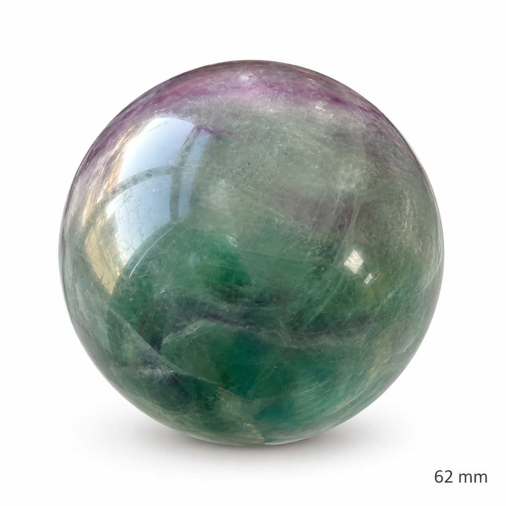 62 mm green and purple fluorite sphere, angle 2