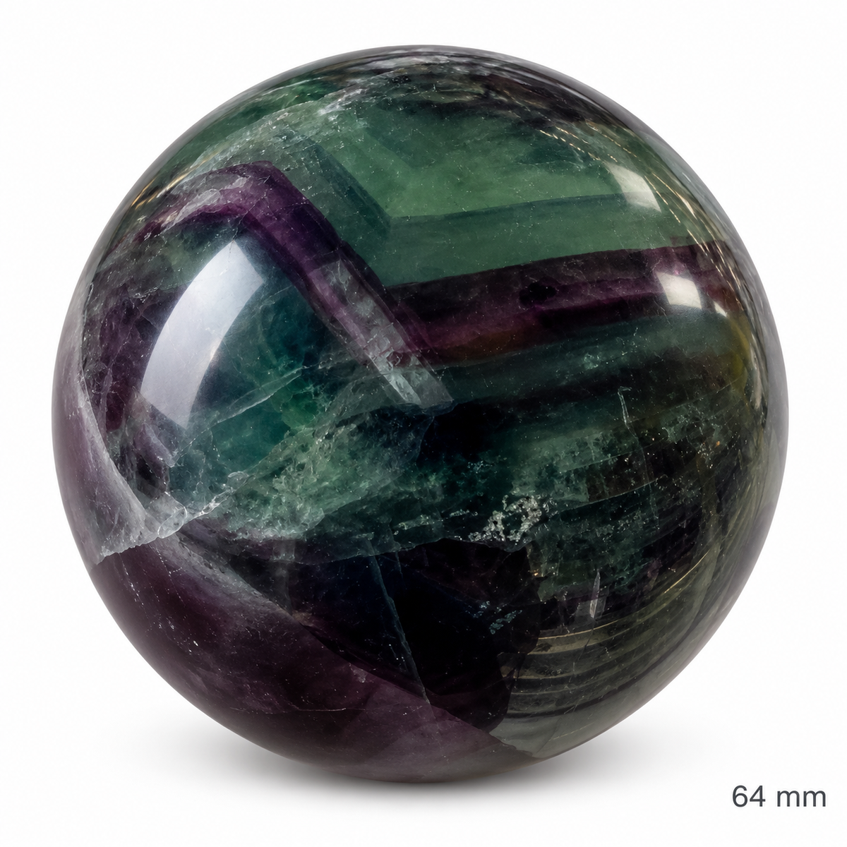 64 mm green and purple fluorite sphere, angle 2