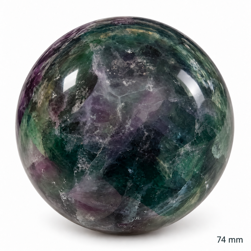 74 mm green and purple fluorite sphere, angle 1