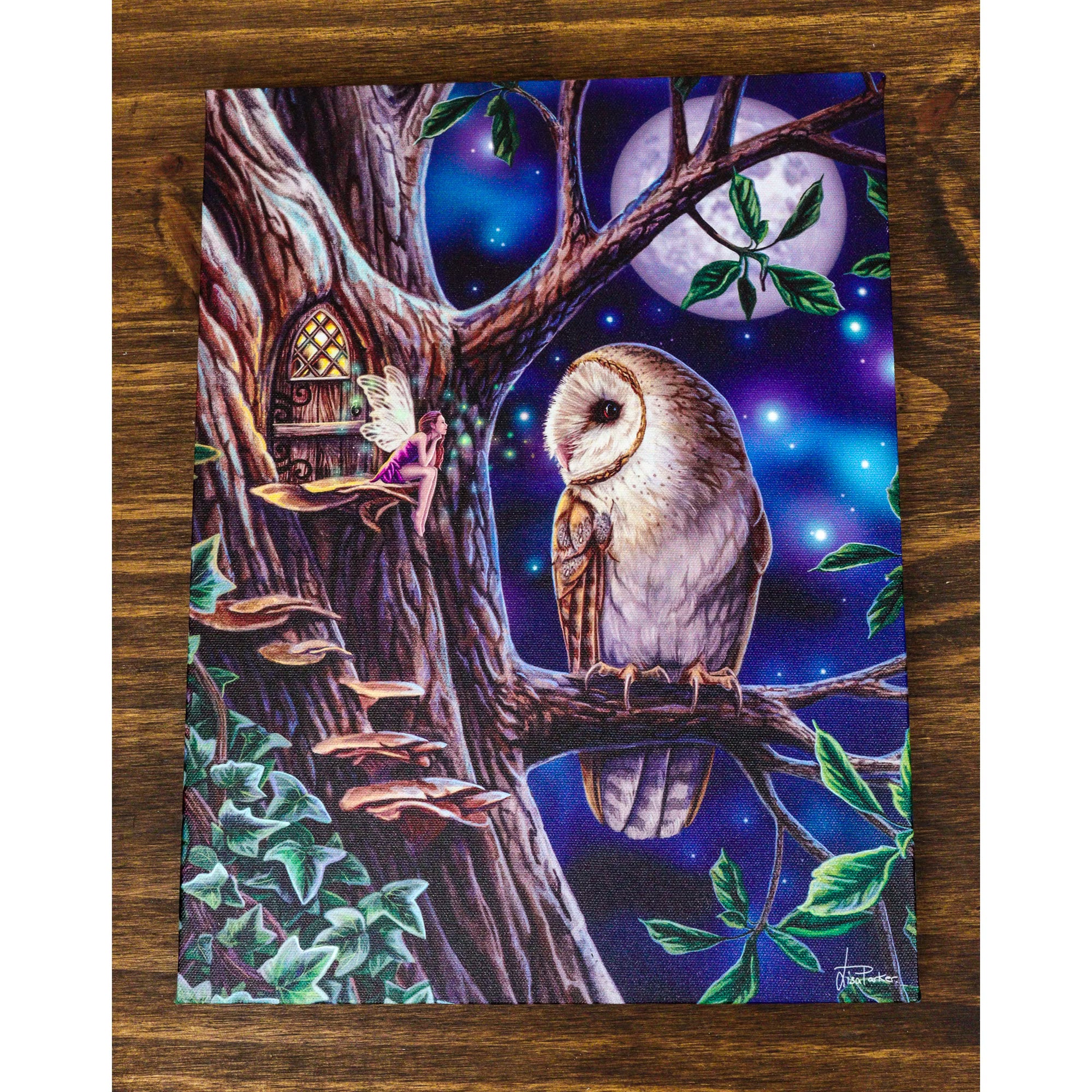 Fairy Tales Pixie Tree House With Witch Owl Canvas Framed Wall Art Wall Plaque - Anne Stokes - 7.5" W x 9.85"