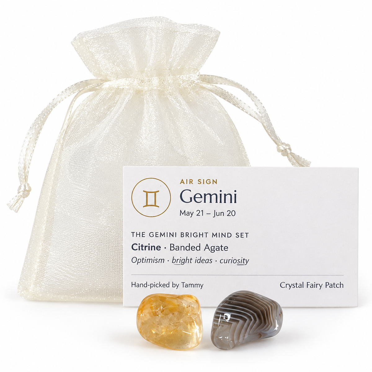 Gemini Bright Mind crystal set with Citrine, Banded Agate, zodiac card and ivory gift bag