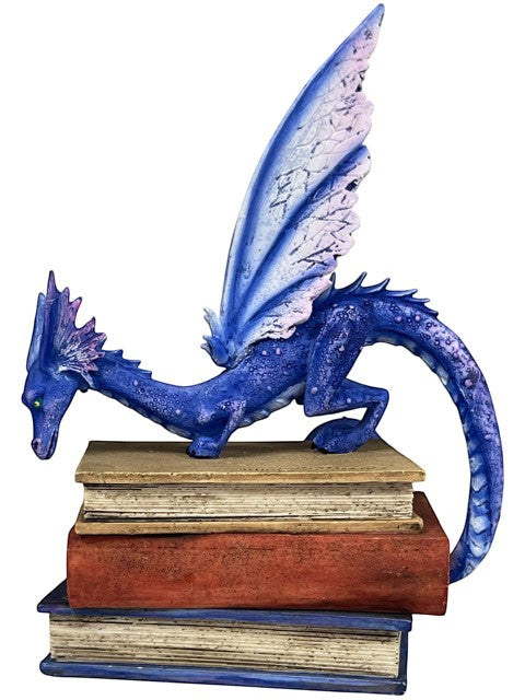 My Store Indigo Book Dragon figurine perched on stacked books, with iridescent scales and purple/pink wings.