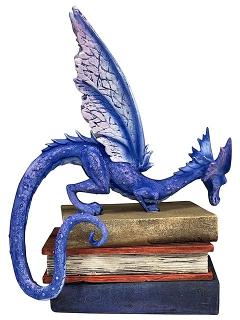 My Store Indigo Book Dragon Figurine by Amy Brown Art, perched on stacked books. Features indigo scales, purple and pink wings.