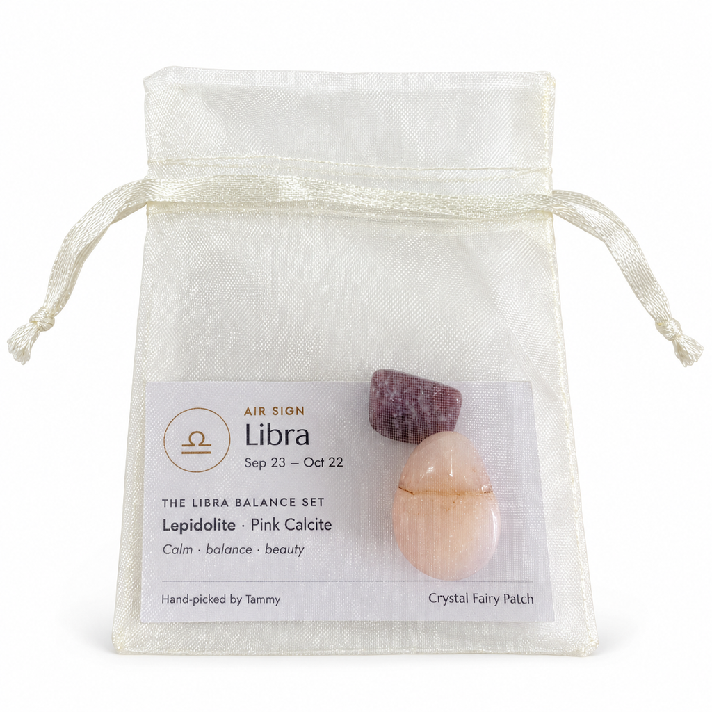 Libra Balance Set stones and zodiac card inside the organza gift bag