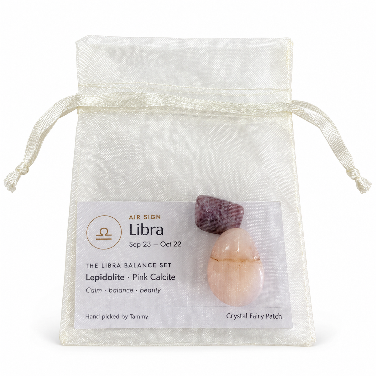 Libra Balance Set stones and zodiac card inside the organza gift bag