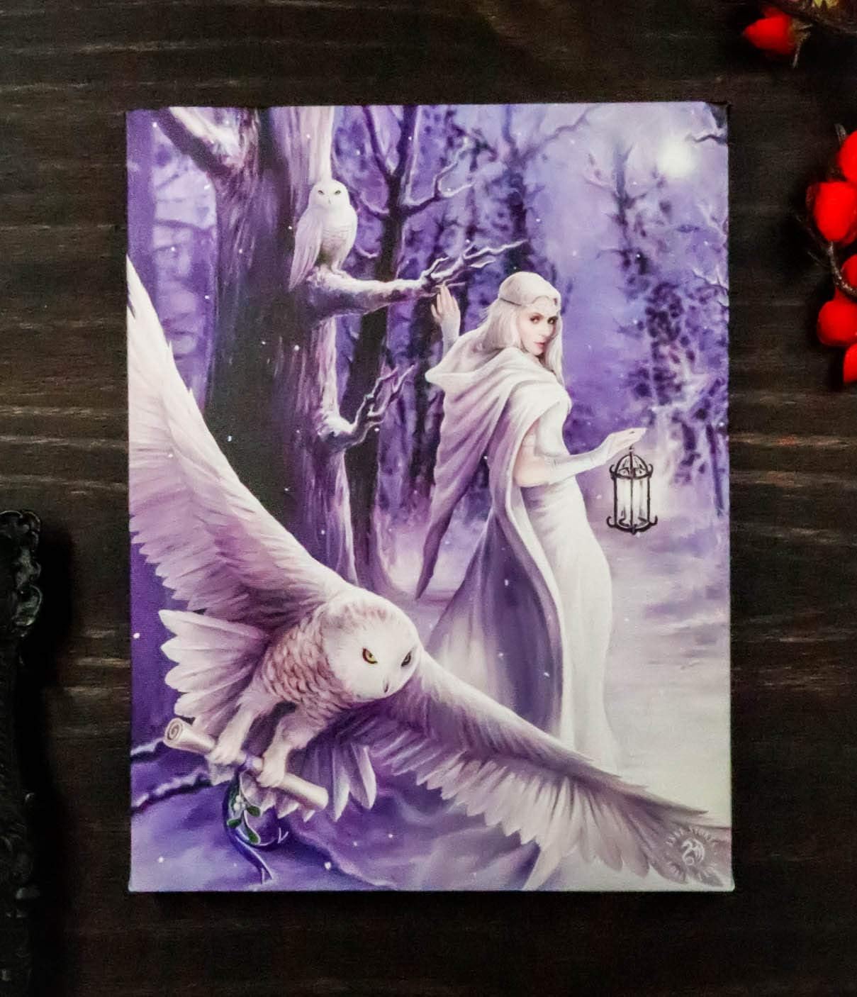 Midnight Messenger White Owl With Fairy Canvas Framed Wall Art Wall Plaque - Anne Stokes - 7.5" W x 9.85"