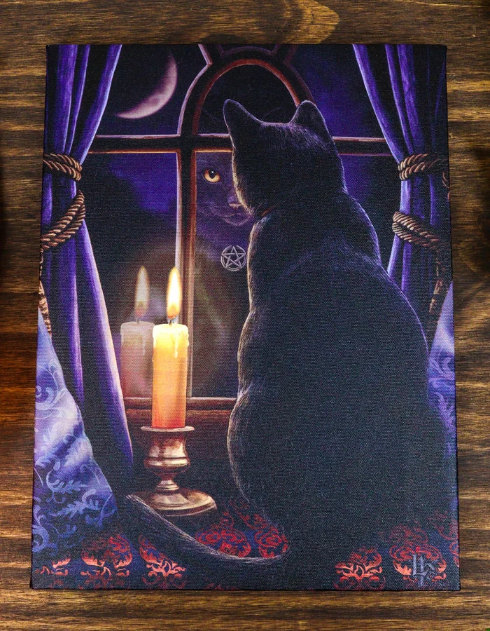 Midnight Vigil Black Cat By Window With Candle Canvas Framed Wall Art Wall Plaque - Lisa Parker - 7.5" W x 9.85"