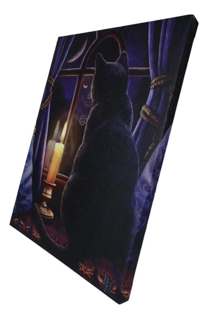 Midnight Vigil Black Cat By Window With Candle Canvas Framed Wall Art Wall Plaque - Lisa Parker - 7.5" W x 9.85"