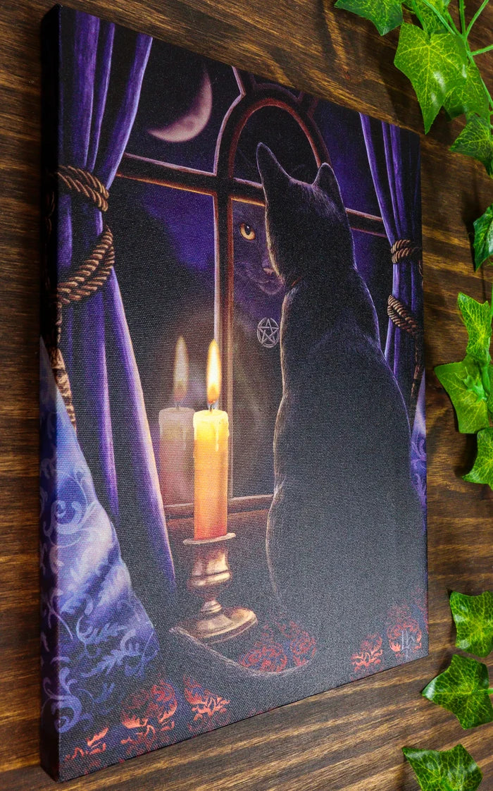 Midnight Vigil Black Cat By Window With Candle Canvas Framed Wall Art Wall Plaque - Lisa Parker - 7.5" W x 9.85"