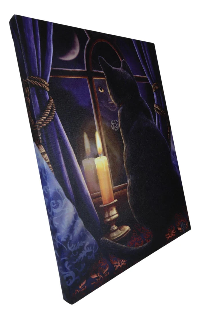 Midnight Vigil Black Cat By Window With Candle Canvas Framed Wall Art Wall Plaque - Lisa Parker - 7.5" W x 9.85"