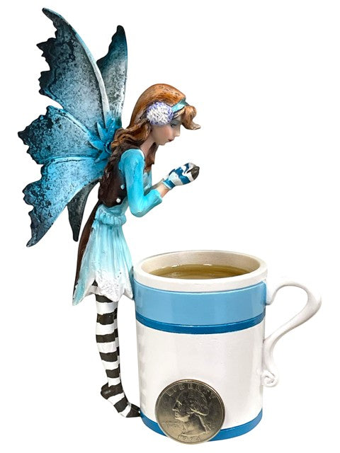 My Store Amy Brown Hot Cocoa Faery Cup figurine with blue wings, striped stockings, and a white & blue mug.