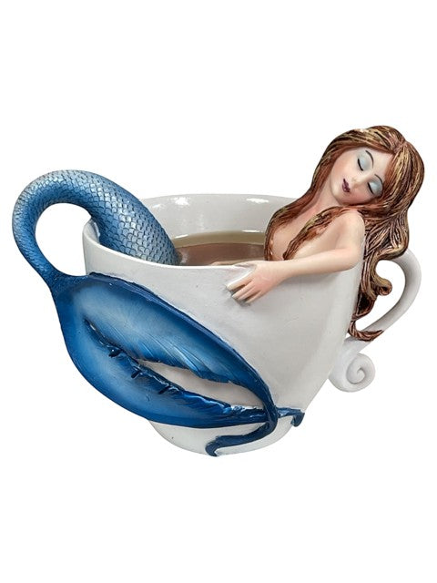My Store Amy Brown "Relaxing Mermaid" 2015 figurine of a mermaid relaxing in a teacup with blue tail.