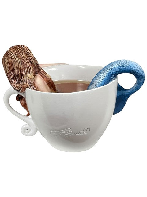 My Store Amy Brown "Relaxing Mermaid" figurine collection, a mermaid with brown hair and blue tail emerging from a white teacup filled with brown liquid.