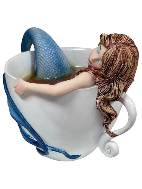 My Store Amy Brown "Relaxing Mermaid" figurine in a white teacup with blue accents and brown hair.