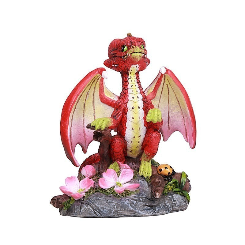 My Store Green Thumb Garden Fruits Red Apple Dragon figurine with pink blossoms and ladybug. Resin, hand-painted.