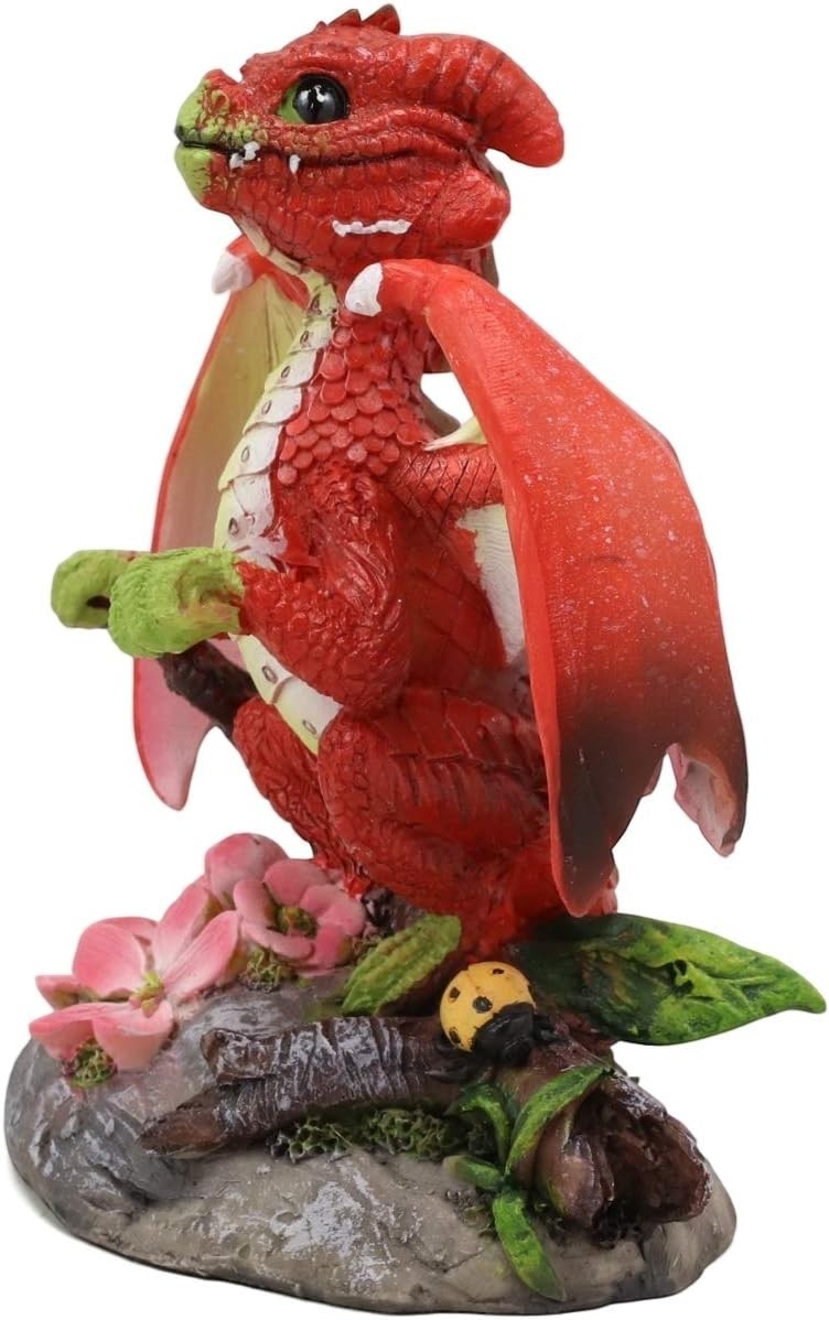 My Store Green Thumb Garden Fruits Red Apple Dragon figurine with pink blossoms and a ladybug. Resin, hand-painted.