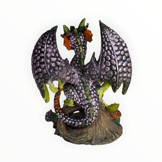 My Store Blackberry Dragon figurine by Stanley Morrison, a purple and green dragon with textured wings perched on a tree stump.