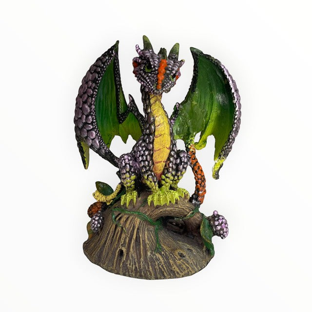 My Store Green Thumb Garden Fruits Series "Blackberry Dragon" figurine by Stanley Morrison. Detailed dragon with purple scales, green wings, yellow belly, and orange accents.