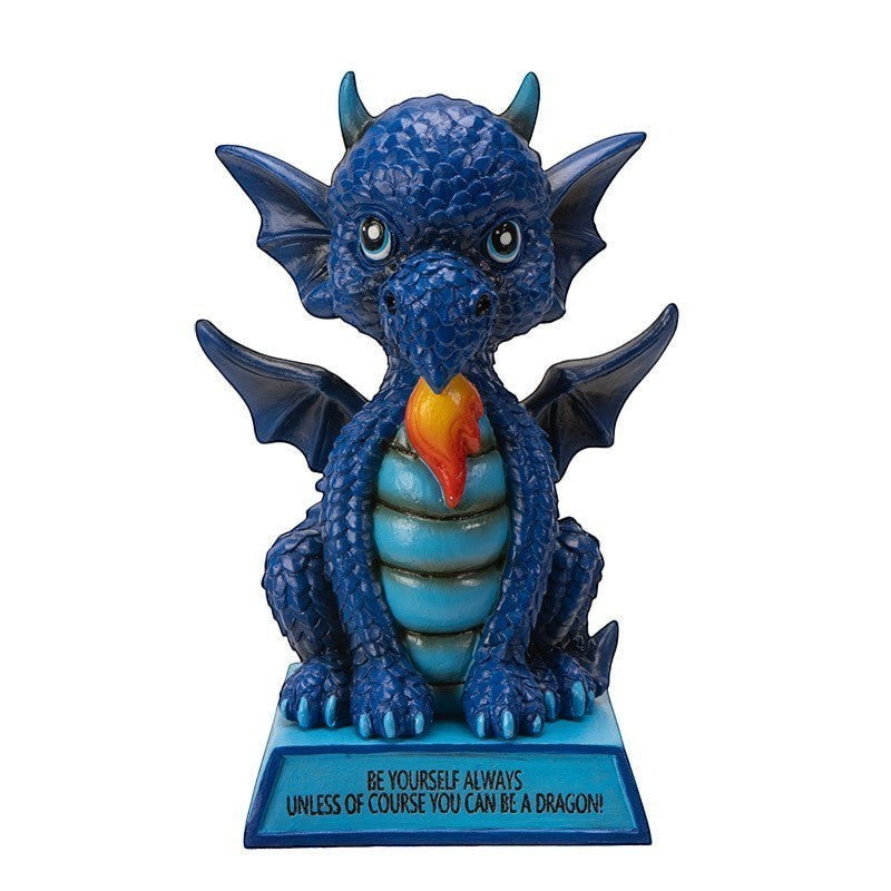 My Store blue dragon figurine with intricate scales, wings, and a flame detail. Features inspirational quote on base.