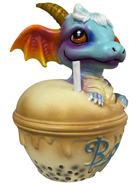 My Store Boba Tea with George figurine, a blue dragon with orange and purple wings, peeking out of a boba tea cup.