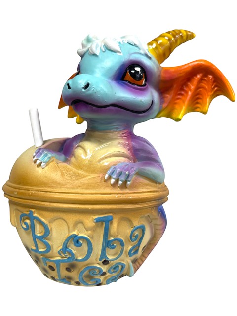 My Store Boba Tea with George figurine, a blue and purple dragon with orange wings, peeking out of a boba tea cup.