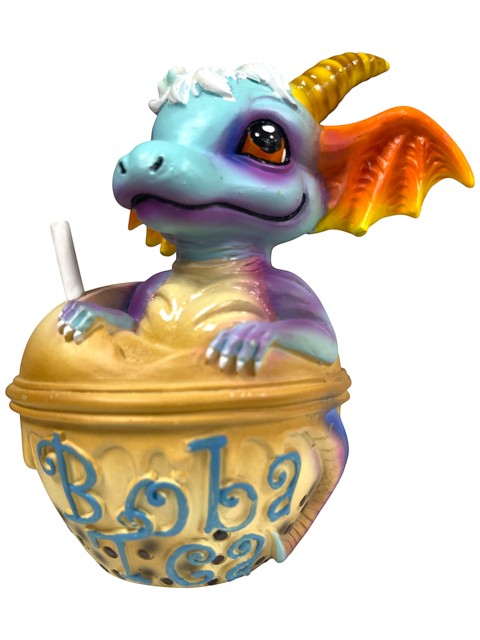 My Store Boba Tea with George figurine, a blue dragon with purple and orange accents, peeking out of a boba tea cup.