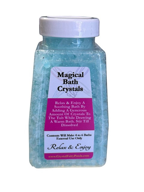 My Store Crystal Fairy Patch light blue bath salts in a clear jar, promotes centering and alignment.