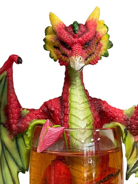 My Store Daquiri Dragon resin figurine by Stanley Morrison, red and green dragon with yellow accents, holding a drink.