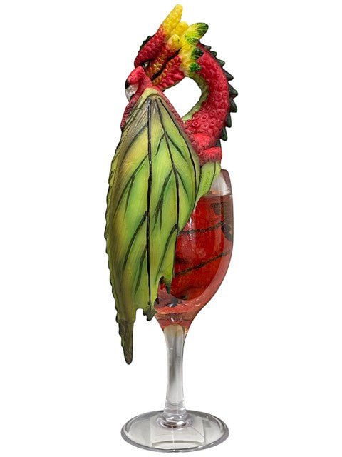 My Store Daquiri Dragon resin figurine by Stanley Morrison, red and green dragon perched on a wine glass filled with red liquid.
