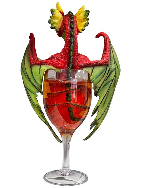 My Store Daquiri Dragon resin figurine by Stanley Morrison, red dragon with green wings perched on a wine glass filled with red liquid.