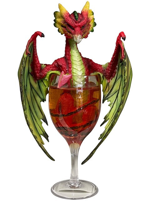 My Store Daquiri Dragon resin figurine by Stanley Morrison, red and green dragon emerging from a wine glass filled with amber liquid.