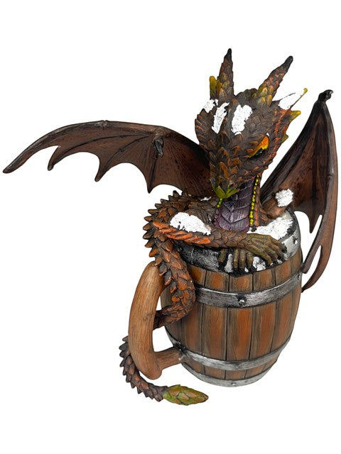 My Store Dark Beer Dragon figurine by Stanley Morrison, a brown dragon with white accents peeking out of a wooden barrel.