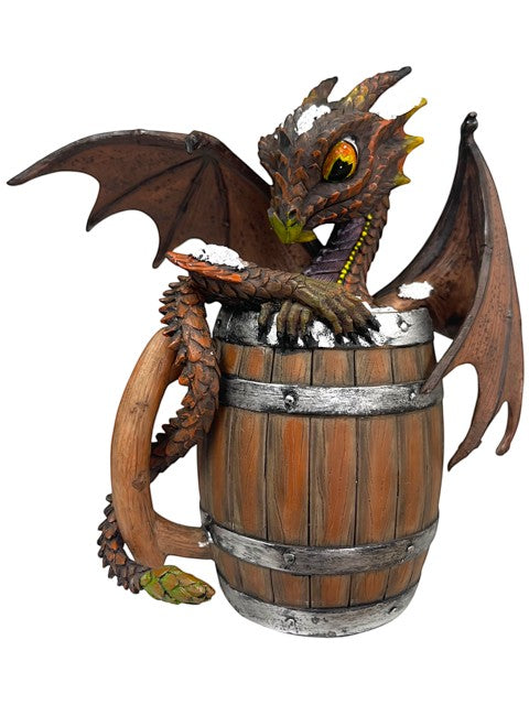 My Store Dark Beer Dragon figurine by Stanley Morrison, a brown dragon with orange eyes peeking out of a wooden barrel.