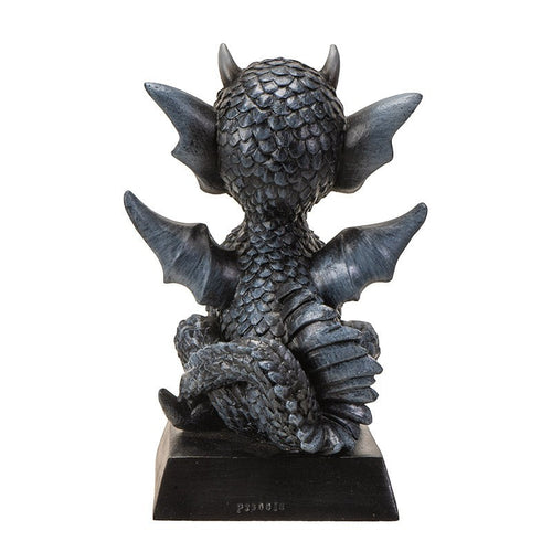 My Store black dragon figurine with intricate scales, wings, and horns, sitting on a base with "Dragon With A Girl Tattoo" inscription.