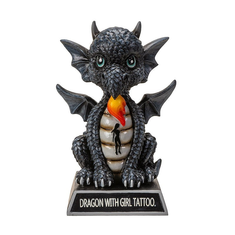 My Store black dragon figurine with intricate scales, wings, and flame. Features a girl tattoo design on its chest.