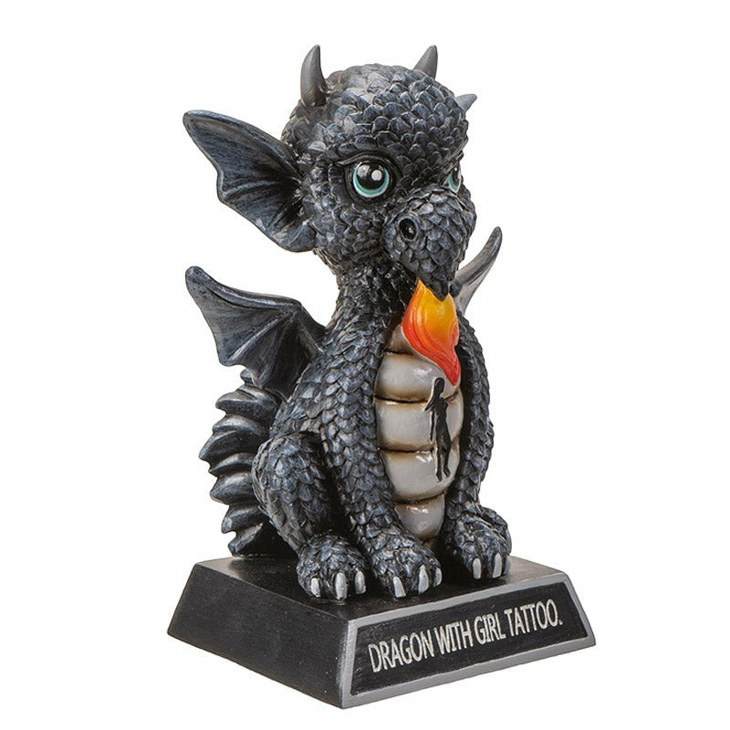 My Store black dragon figurine with intricate scales, wings, and a flame. Features "Dragon With A Girl Tattoo" inscription.