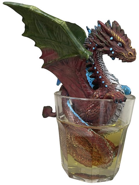 My Store Drinks and Dragons Series "Gin and Tonic" dragon figurine by Stanley Morrison, red dragon with green wings in a glass of yellow liquid.