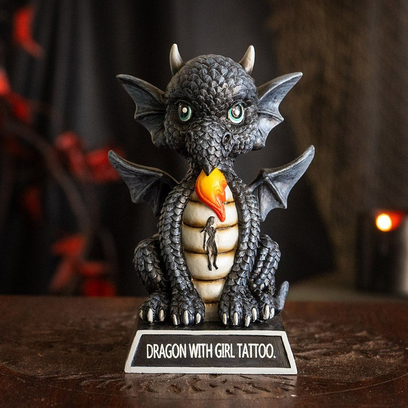 My Store black dragon figurine with intricate scales, wings, and a girl tattoo on its chest, breathing fire. Resin.