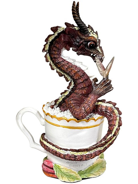 My Store Drinks and Dragons Series Hot Chocolate Dragon Figurine by Stanley Morrison. Brown dragon coiled in white teacup with gold trim and rose base.