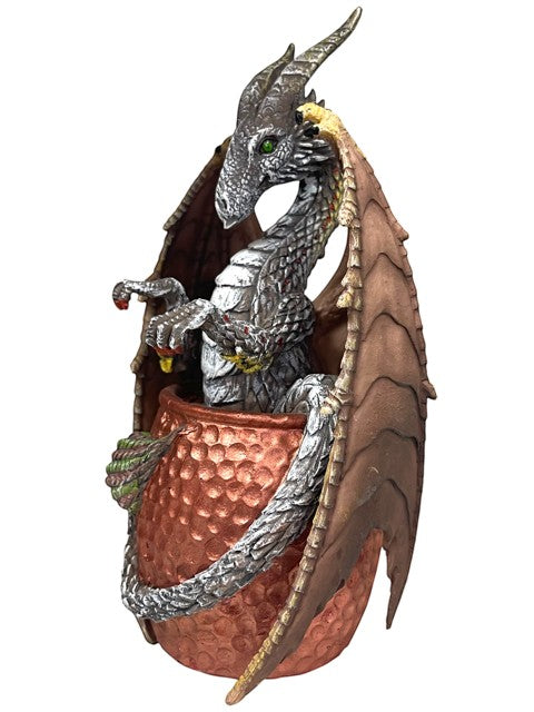 My Store Moscow Mule Mug Dragon figurine by Stanley Morrison, a silver dragon with green eyes emerging from a copper mug.