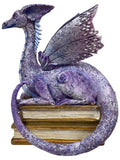 My Store lavender, purple, and blue dragon figurine perched on a stack of antique books.