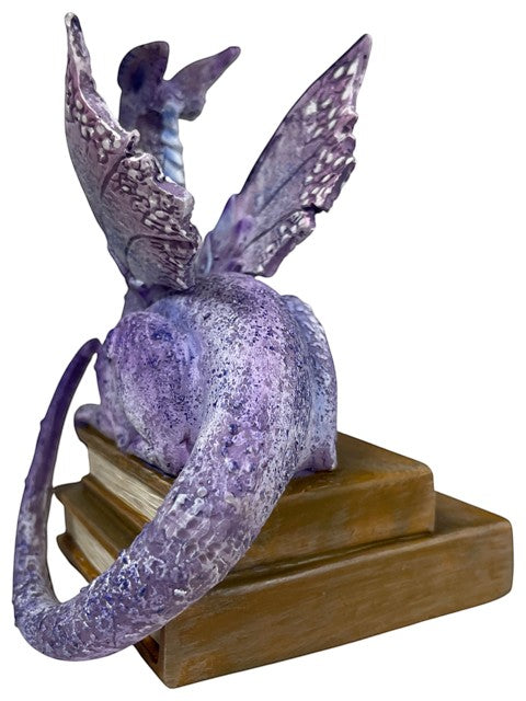 My Store lavender, purple, and blue dragon figurine perched on antique books, detailed wings, fantasy decor