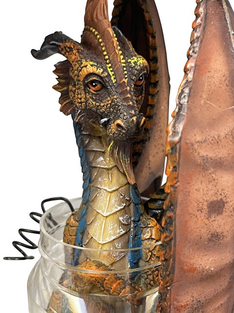 My Store Winged Dragon in Jar Resin Figurine by Stanley Morrison. Detailed dragon with orange, brown, and blue scales.